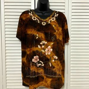 Sparkly Floral Blouse XL/XXL Round Neck Short Sleeve Shirt Top
